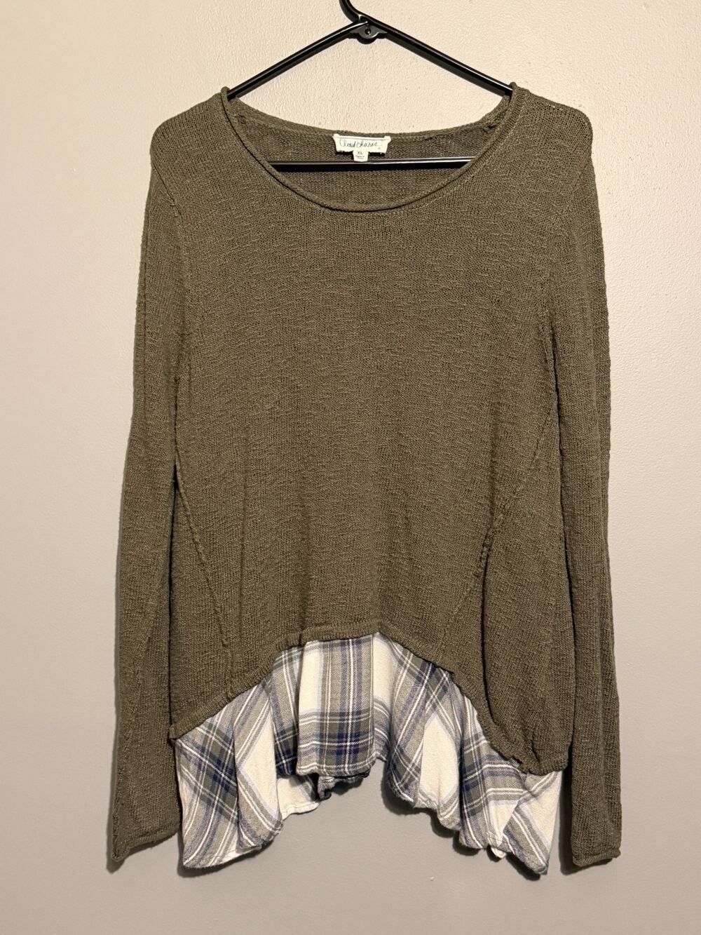 Cloud Chaser XL Olive Knit Sweater Plaid Layered Hem Boho Lagenlook Top